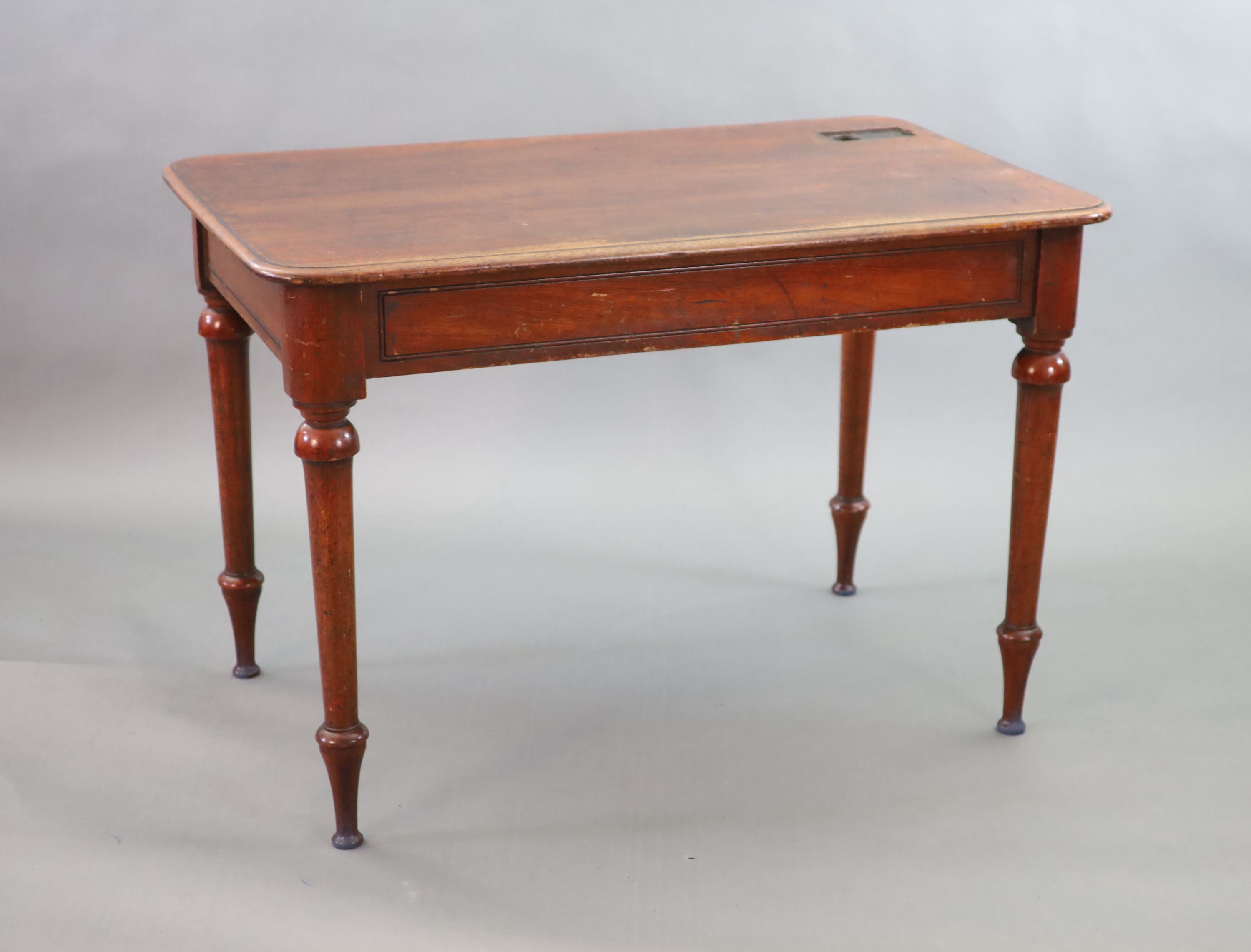 A Victorian mahogany writing table, W.114cm, D.69cm H.76cm